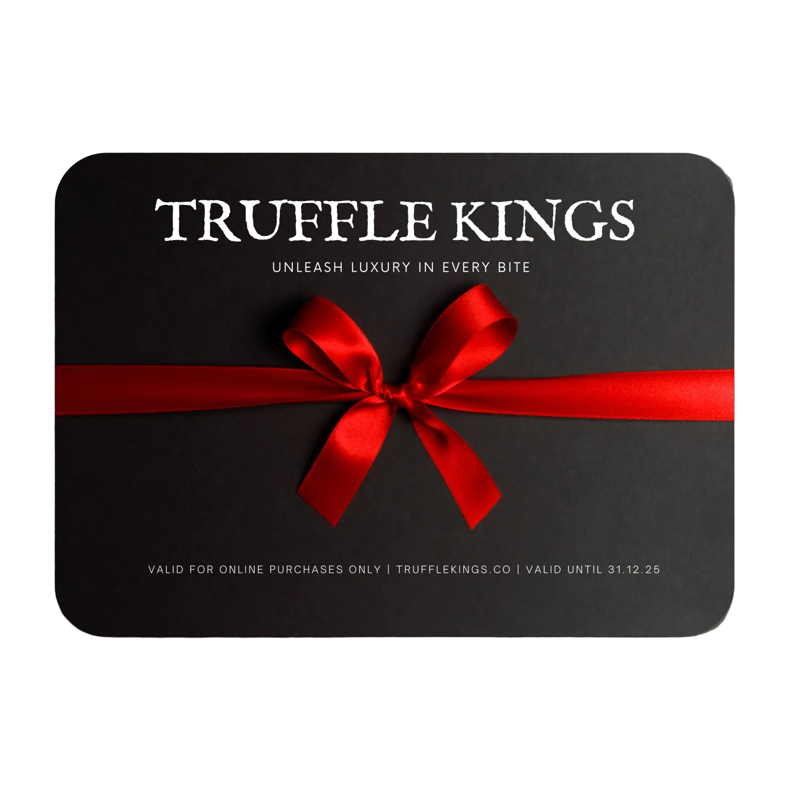 A black gift card from Truffle Kings with a red ribbon bow, representing a luxury gourmet gift.